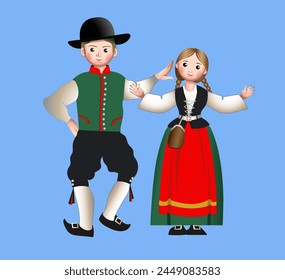 English national costume. English man and woman on a blue background. Vector illustration