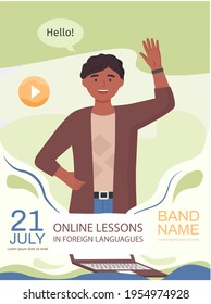 English with native speaker Englishman saying hallo. Online lesson in foreign language concept