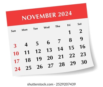 INGLÊS November 2024 calendar. Ilustração vetorial. Planejamento mensal para seus eventos de negócios