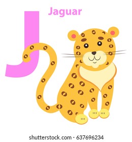 English Nursery card with lilac J letter Jaguar isolated on white. Yellow and spotted wild animal on children training poster. Vector illustration of school preparation card flat design cartoon style.