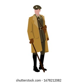 English Officer Of The First And Second World War In A Raincoat And With A Cane In His Hand.