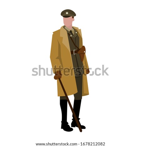 English officer of the first and second world war in a raincoat and with a cane in his hand.