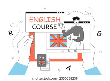 English online course line. Young guy with flag. Teacher gives lecture, webinar and master class. Education and learning. Information and knowledge on Internet. Linear flat vector illustration