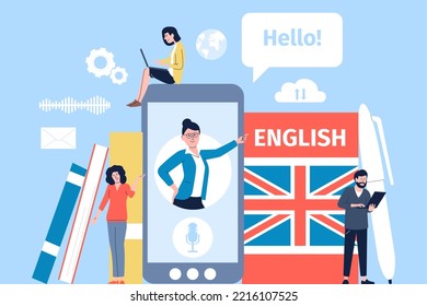 English Online Learning. Student Using Mobile App, People Group And Digital Education. Person Use Phone Translate, Foreign Language Lesson Recent Vector Scene