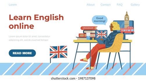 English online learning web banner template with woman studying English language at home. Distance learning and studying foreign languages, flat vector illustration.