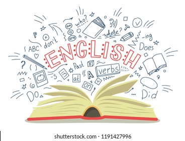 English. Open book with language hand drawn doodles and lettering on white background. Education vector illustration