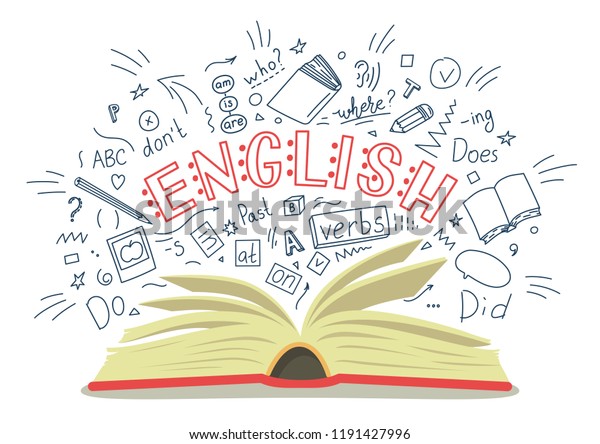 English. Open\
book with language hand drawn doodles and lettering on white\
background. Education vector\
illustration
