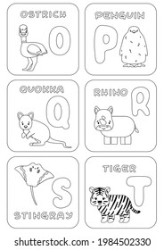 English O-T alphabet family kids game. Coloring pages with animals and letters that can be used for learning, education, relax, childish games. Vector cartoon doodle illustrations for print