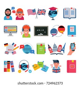 English and other languages education school and travel programs distance online learning vector illustration icons teachers set