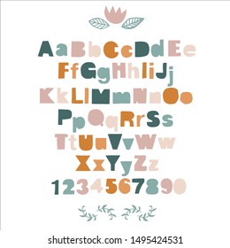 English paper cut colored alphabet with cute elements. Uppercase and lowercase vector isolated letters and numbers. Education alphabet, poster design, decorative letters, font, 
