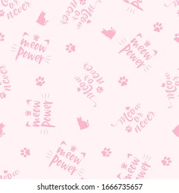 English phrase pink cat pet seamless vector pink background, cute silhouette cartoon animal cat paw wallpaper, decorative pattern. Hand drawn illustration