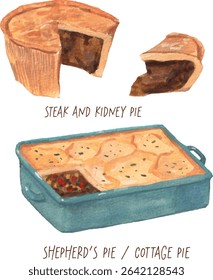 English Pies: steak and kidney pie, shepherd's pie watercolor illustration. Cute realistic colorful paintings for menu and decoration. English famous cuisine arts. Tourism culture heritage. 