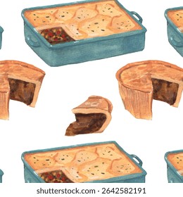 English pies watercolor pattern. Shepherd pie, steak and kidney pie illustration. English cuisine culture background. Realistic cute textured style. 