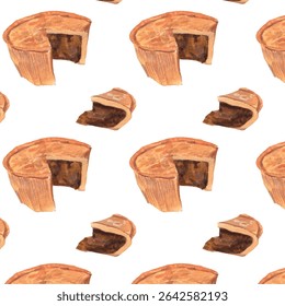 English pies watercolor pattern. Shepherd pie food illustration. English famous cuisine background. Realistic cute hand drawn style. White background.