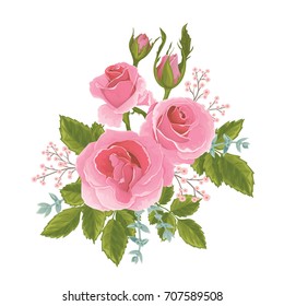 English  pink rose graphic flowers. For wedding invitation or greeting card. David Austin rose