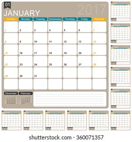 English planning calendar 2017, January - December, week starts on Sunday, vector illustration