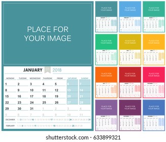 English planning calendar 2018, set of 12 months, week starts on Monday, colorful calendar template with place for your image, vector illustration