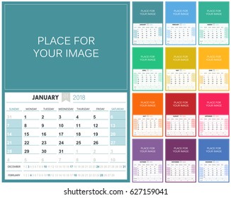 English planning calendar 2018, week starts on Sunday, colorful calendar template with place for your image, vector illustration