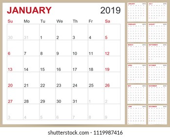 English planning calendar 2019, English calendar template for year 2019, set of 12 months, week starts on Sunday, printable calendar templates vector illustration