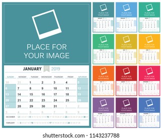 English planning calendar 2019, week starts on Sunday, colorful calendar template with place for your image, vector illustration