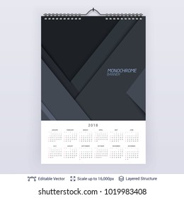 English planning calendar. Vector template January - December, week starts on Sunday. Layered paper flat composition.