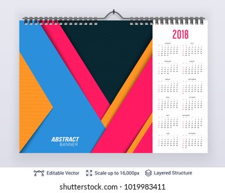 English planning calendar. Vector template January - December, week starts on Sunday. Layered paper flat composition.