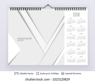 English planning calendar. Vector template January - December, week starts on Sunday. Layered paper flat composition.