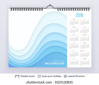 English planning calendar. Vector template January - December, week starts on Sunday. Layered paper flat composition.
