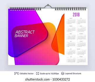 English planning calendar. Vector template January - December, week starts on Sunday. Colorful glass composition.