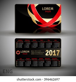 English pocket black colors calendar for 2017, vector template 