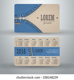 English pocket calendar for 2016 from cardboard and denim, vector template