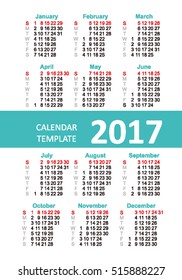 English pocket calendar for 2017