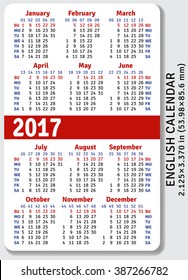 English pocket calendar for 2017, standard size ISO 7810 ID-1, vector template