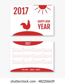 English pocket calendar 2017 year. Vector clean template design. Week starts Sunday on white background with rooster silhouette.