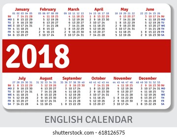 English pocket calendar for 2018, standard size ISO 7810 ID-1, vector template
