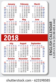 English pocket calendar for 2018, standard size ISO 7810 ID-1, vector template