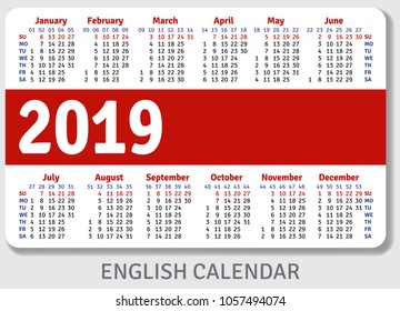 English pocket calendar for 2019, standard size ISO 7810 ID-1, horizontal vector template