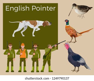 English pointer dog. Feathered game hunting. Figures of hunters in various poses. Set of vector illustration isolated on white background