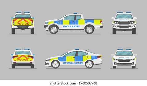 English police car. Side view, front view, back view. Cartoon flat illustration, auto for graphic and web