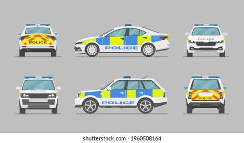 English police car. Side view, front view, back view. Cartoon flat illustration, auto for graphic and web