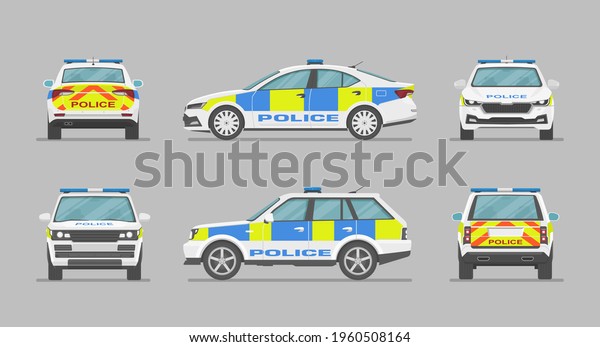 English police\
car. Side view, front view, back view. Cartoon flat illustration,\
auto for graphic and\
web