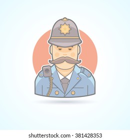 English policeman, British cop icon. Avatar and person illustration. Flat colored outlined style. Vector illustration.