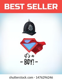 English policeman helmet. Its a boy in vintage style. Comic style. Cartoon Vector illustration.