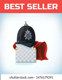 English policeman helmet. Masquerade costume headdress. Carnival or Halloween mask. Cartoon Vector illustration. Red cape