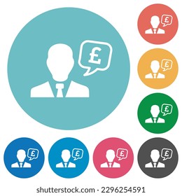 English Pound financial advisor flat white icons on round color backgrounds