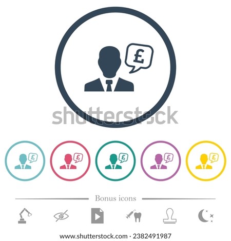English Pound financial advisor flat color icons in round outlines. 6 bonus icons included.