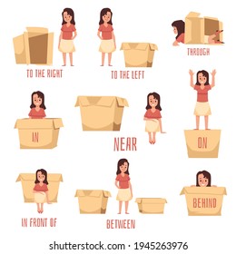 Preposición en inglés de lugar y dirección, ilustración vectorial plana aislada.