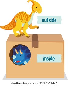 English prepositions with dinosaurs in and out of boxes illustration