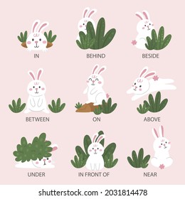 English prepositions. Education kid in kindergarten, preschool, school. Learning language. Prepositions of place English - behind, front, under, between, inside, up, beside,  around, below. Vector art