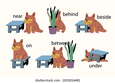 English prepositions. Education kid in kindergarten, preschool, school. Learning language. Prepositions of place English - behind, front, under, between, inside, up, beside,  around, below. Vector art